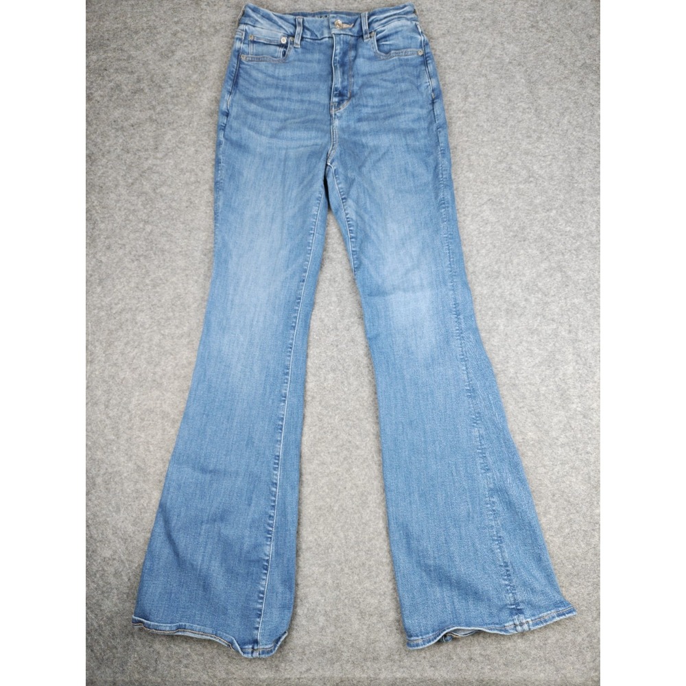 American Eagle Super Hi-Rise Flare Jeans Womens 2 Long Medium Wash Stretch Denim